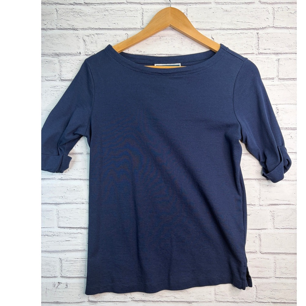 Karen Scott Womens Navy Blue Boat Neck 3/4 Sleeve Cotton Top Small